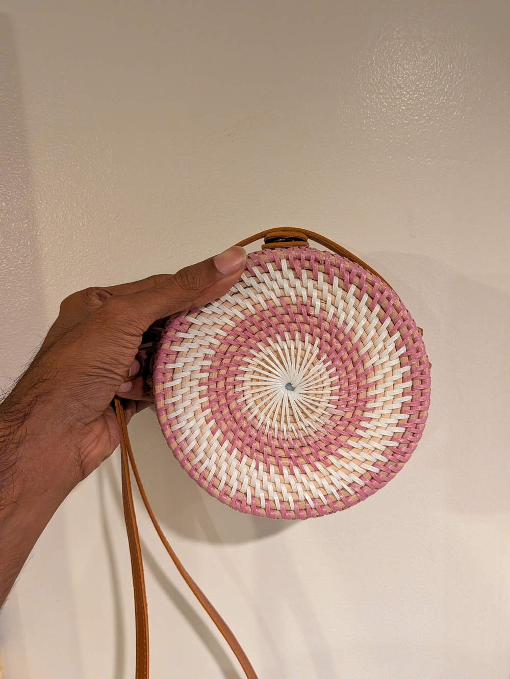 Round Woven Crossbody Bag in Pink and Cream with Tan Strap
